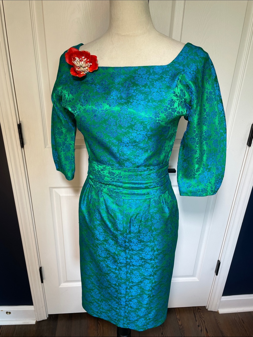 Vintage Handmade 50s Green Blue Floral Midi Wiggle Dress Square Neckline